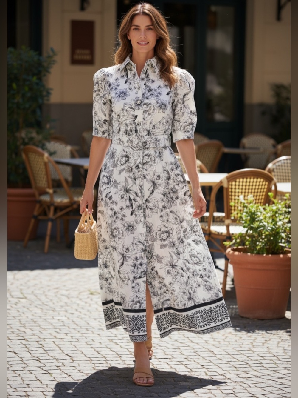 Joie Floral Puff Sleeve Midi Dress Black & White w/ Belt & Pockets Size 12 NWOT
